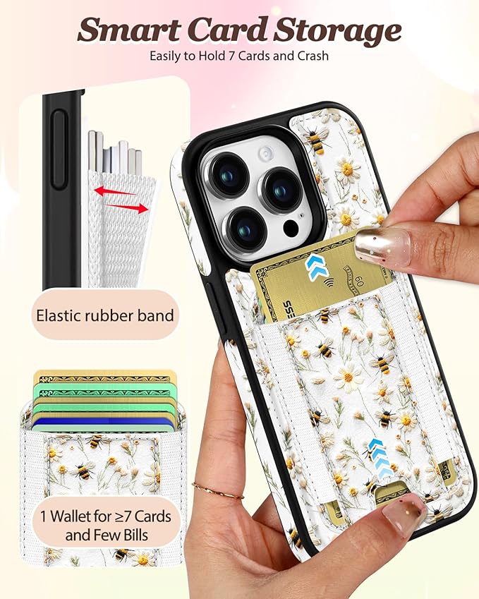 Shorogyt for iPhone 13 Pro Max Case Wallet - Fits 5 Cards, Compatible with Magsafe Detachable Magnetic Credit Card Holder Leather Cardholder Cute Phone Cover Women Girl for Apple 13 ProMax, Bee Flower
