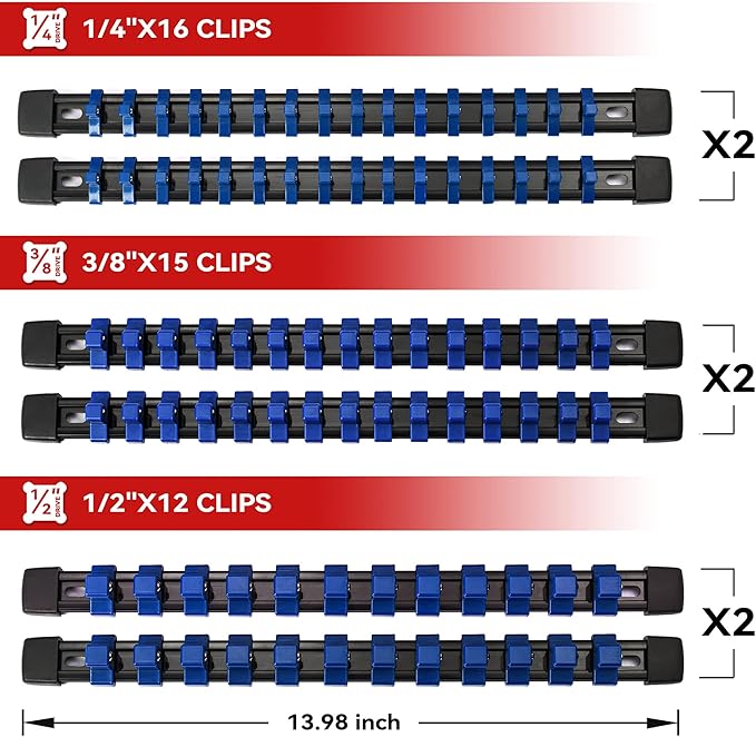 ALOANES 12PC ABS Socket Organizer, Socket Rails Fit 1/2 inch, 3/8 inch and 1/4 inch Drive, Heavy Duty Socket Holders Hold up to 172 Sockets, Black Rails with Blue Clips