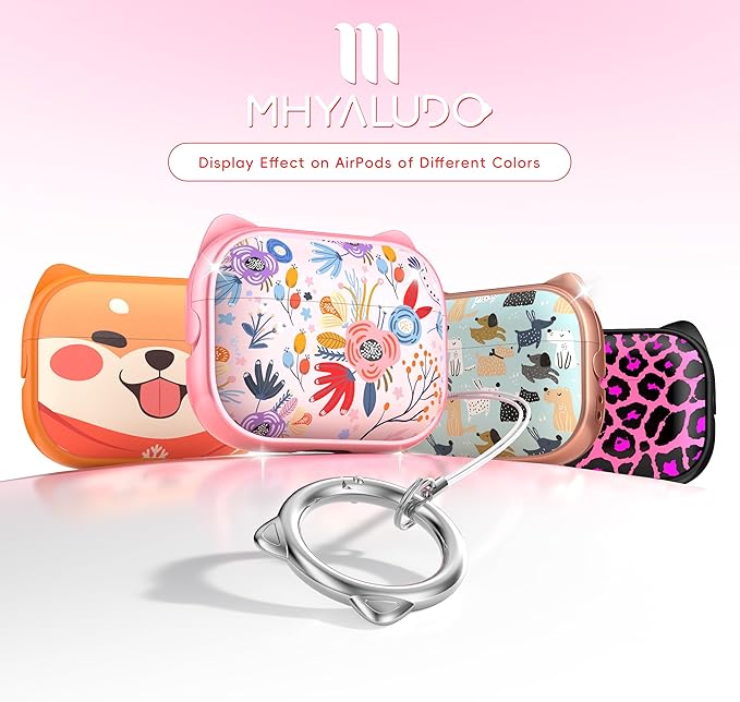 for AirPods Pro 2 Case with Cleaning Kit, Cute Cat Ear Print Design & Cute Buckle for Girls, Phone Holder & Top Safe Lock Buckle Design for AirPods Pro 2nd/1st Gen case, Pink Flower