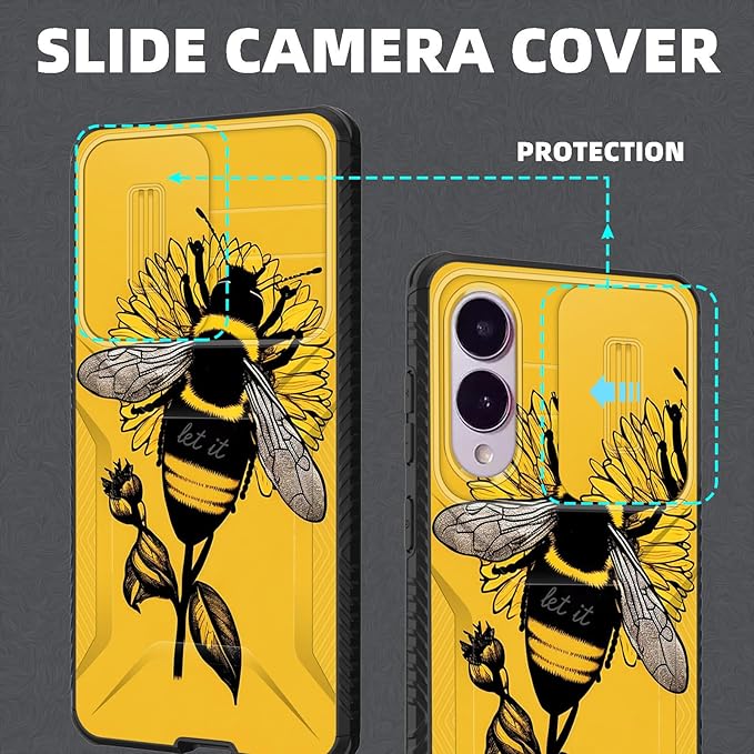 for Galaxy S25 Edge Case Built in Slide Camera Lens Cover,Heavy Duty Shockproof Protection Dual Layer Case for Samsung Galaxy S25 Edge 2025,Honeybee Flower