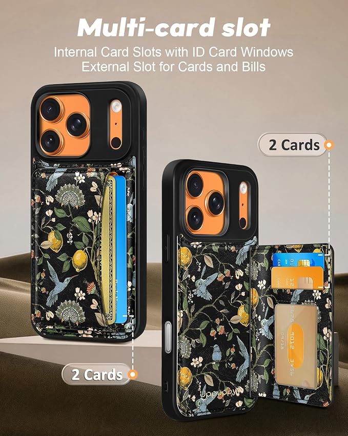 for iPhone 17 Pro Max Case with Wallet - Fits 4 Card Slots, Compatible with MagSafe for Women Aesthetic PU Leather Credit Card Holder Kickstand Phone Cover for Apple 17 Promax, Lemon Bird