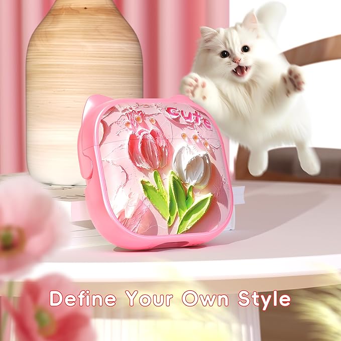 for AirPods 4 Case with Cleaning Kit, Cute Cat Ear Print Design & Cute Buckle, Inverted Phone Holder Design, Top Safe Lock Buckle Design, for Girls AirPods 4 case 2024, Tulip