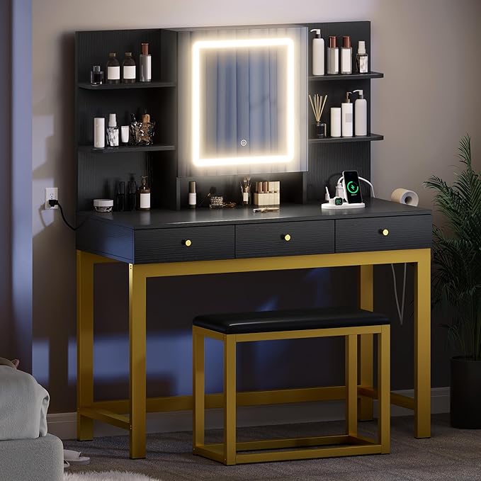 DWVO Vanity Desk with LED Lights Mirror & Power Outlet, Adjustable 3 Lights Modes, Makeup Table with Stool and Hidden Storage Shelves, 3 Drawers, Dressing Table Set with Chair, Upgraded, Black