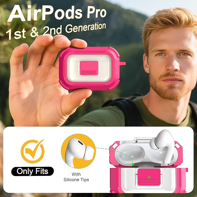 RFUNGUANGO for AirPods Pro 2 Case, Compatible with AirPods Pro 2nd/1st Generation Case, Compatible with MagSafe, Magnetic Automatic Lock with Cleaner Kit and Keychain, Front LED Visible, Rose Red