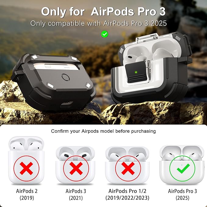 RFUNGUANGO for AirPods Pro 3 Case, Compatible with AirPods Pro 3 Generation Case (2025), Compatible with MagSafe, Magnetic Automatic Lock with Cleaner Kit and Keychain, Front LED Visible, Black