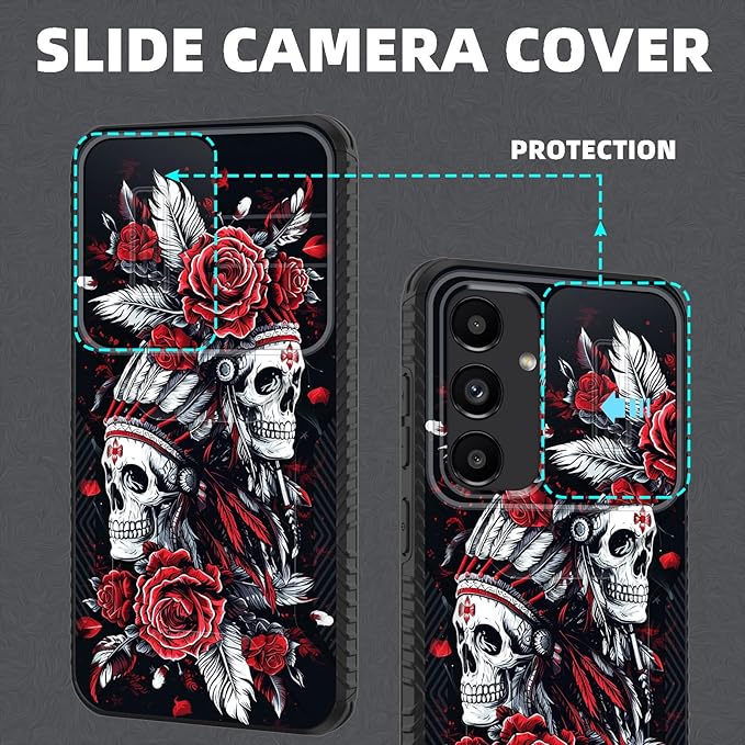 for Galaxy S26 Case Built in Slide Camera Lens Cover,Heavy Duty Shockproof Protection Dual Layer Case for Samsung Galaxy S26 6.3" 2026,Skull Art with Feathers and Roses