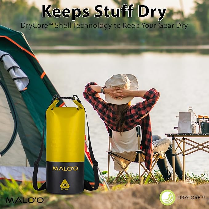 Malo?™o DryPack 30L Waterproof Kayak Dry Bag, Heavy Duty Roll-Top Dry Bag with MOLLE Grid and Carry Straps for Fishing, Paddle Boarding, Boating, Camping, and Travel, Yellow