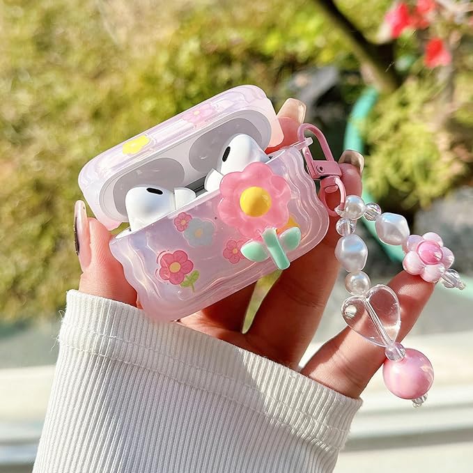 Cute Airpod Pro 2 / Airpod Pro Case 3D Flower with Keychain Clear Hard TPU Protective Cover Compatible with AirPods Pro 2nd/1st Generation Case for Girls Women (Floral Pink)