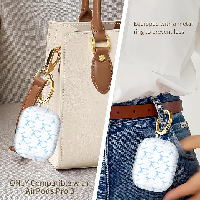 Compatible with AirPods Pro 3 (2025) Case, Airpod Pro 3 Protective Cover with Cute Golden Keychain for Girls & Women (Blue Bow)