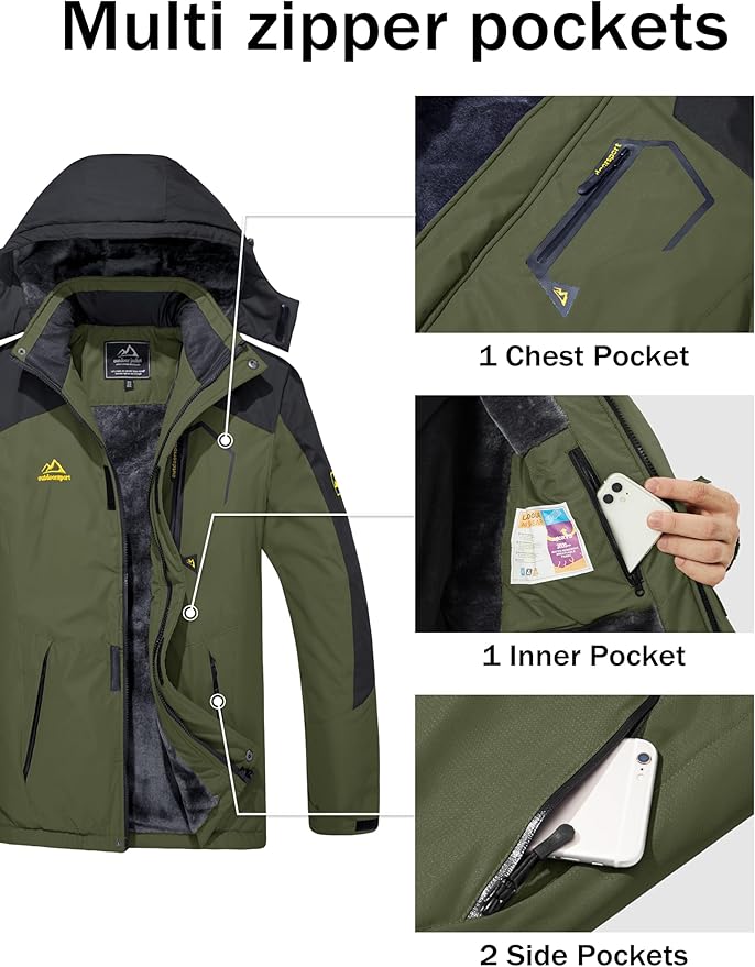 MAGCOMSEN Men's Winter Coats Water Resistant Ski Snow Jacket Warm Fleece Jacket Parka Raincoats With Hood Multi-Pockets