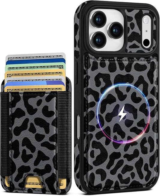 Shorogyt for iPhone 17 Pro Case Wallet - Fits 5 Cards, Compatible with Magsafe Detachable Magnetic Credit Card Holder Leather Cardholder Cute Phone Cover Women Girls for Apple 17Pro, Leopard