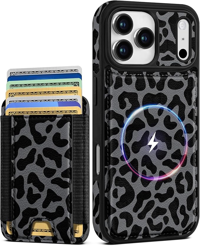 Shorogyt for iPhone 17 Pro Max Case Wallet - Fits 5 Cards, Compatible with Magsafe Detachable Magnetic Credit Card Holder Leather Cardholder Cute Phone Cover Women Girls for Apple 17 ProMax, Leopard