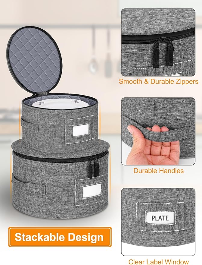 punemi Rigid China Storage Containers 5-Piece Set with Dividers, Quilted Stackable Plate & Dish Storage Protectors, Adjustable Mug and Cup Storage Organizer for Moving and Dinnerware storage, Grey