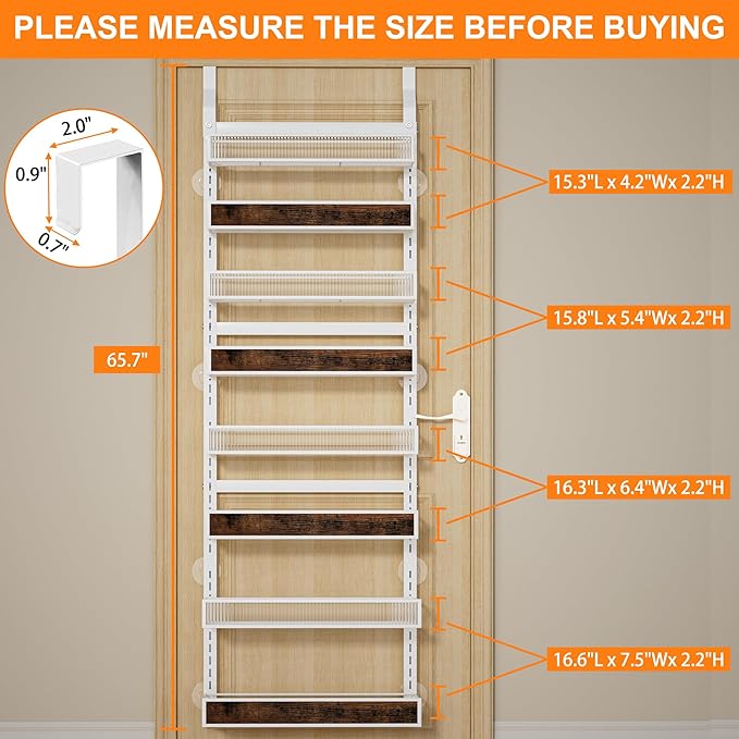 8 Tier Over the Door Pantry Organizer 2 IN 1 Hanging or Wall Mounted Spice Rack with Adjustable Basket,Heavy Duty Seasonning Storage Shelf for Kitchen Pantry and Bathroom
