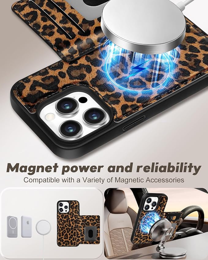 for iPhone 14 Pro Case with Wallet - Fits 4 Card Slots, Compatible with MagSafe for Women Aesthetic Durable PU Leather Credit Card Holder Kickstand Phone Cover for Apple 14 Pro, Leopard