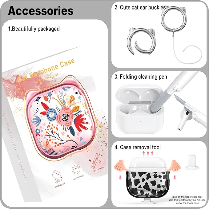 RFUNGUANGO AirPods 4 Case for Women Girly Cat Case with Lock, Phone Stand, Keychain & Cleaner Kit, Compatible with Apple Airpods 4th Generation Case Cover, Transparent Leopard Print