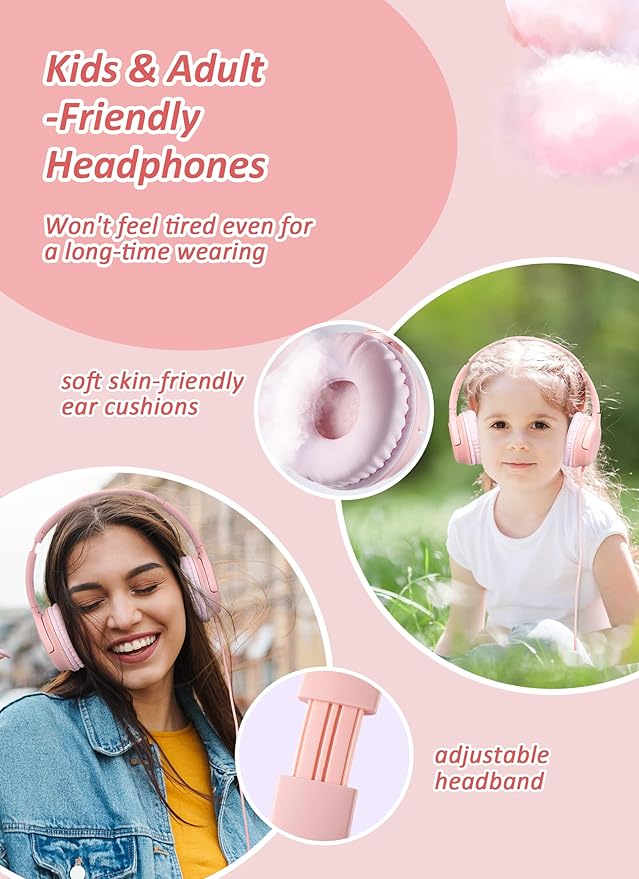 DyBaxa Over-Ear Foldable Pink Kids Headphones, Volume Limiter 94dB Over-Ear Foldable Blue Kids Headphones, Volume Limiter 94dB