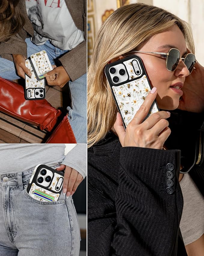 Shorogyt for iPhone 17 Pro Case Wallet - Fits 5 Cards, Compatible with Magsafe Detachable Magnetic Credit Card Holder Leather Cardholder Cute Phone Cover Women Girls for Apple 17Pro, Bee Flower