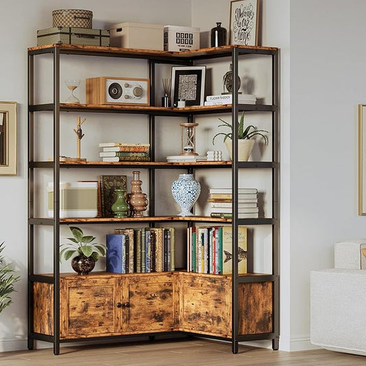 IRONCK Corner Bookshelf, Vintage Industrial Bookcase 6 Tier with Storage Cabinets, 70" Wooden Book Shelf with Metal Frame for Living Room, Office, Bedroom