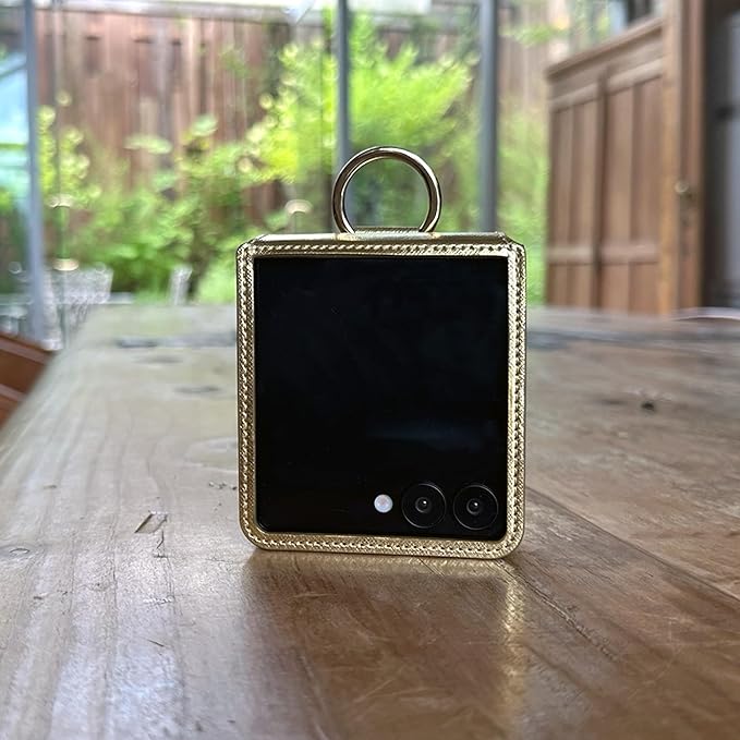 [BeYourSanta] Galaxy Z Flip 7 Case with Ring - Avant-Garde Handmade Saffiano Vegan Leather Case, Anti-Scratch Hinge Protection, Made in Korea (1 Pocket, Fortuna Gold)