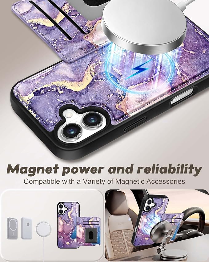 for iPhone 16 Plus Case with Wallet - Fits 4 Card Slots,Compatible with MagSafe for Women Aesthetic Durable PU Leather Credit Card Holder Kickstand Phone Cover for Apple 16 Plus, Purple Marble