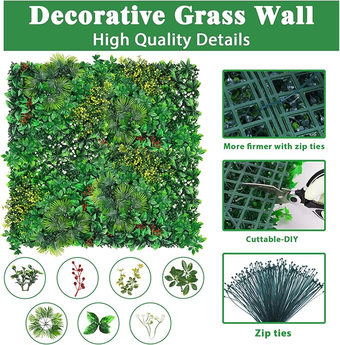 Artificial Grass Wall Panels, 20''x20'' 12pcs Boxwood Wall Panels with Tropical Leaves, Faux Greenery Privacy Fence Screen, Grass Backdrop for Outdoor Indoor Garden Birthday Wedding Decor