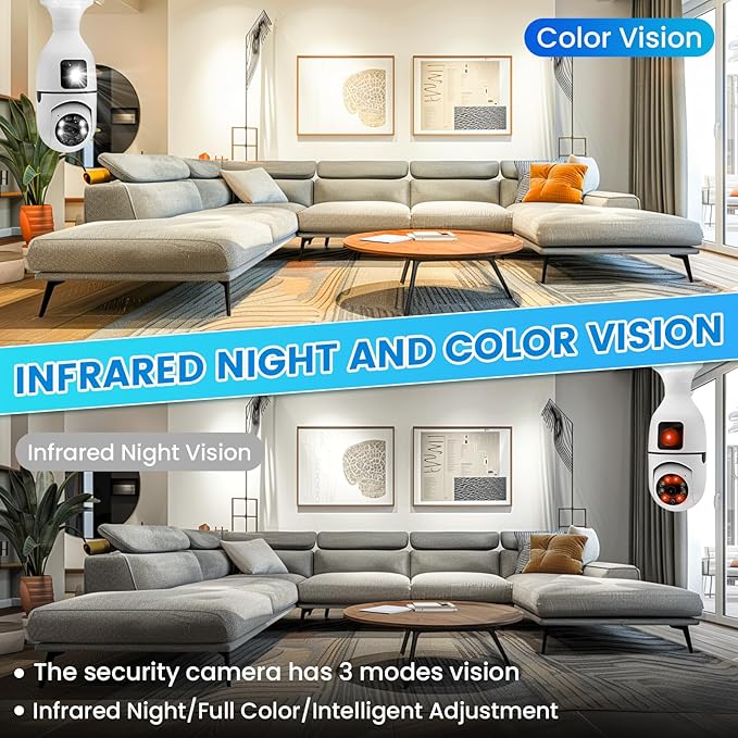 Security Camera, 2K/3MP Outdoor Camera 2.4G Hz E27 Camera for Home Security, 24/7 Recording, Motion Detection and Alarm (B)