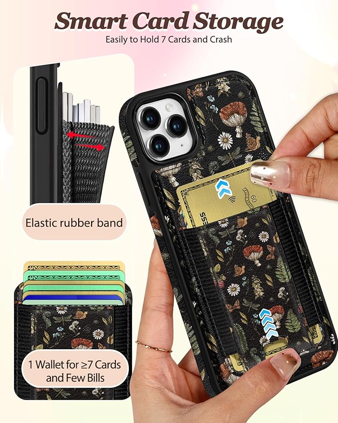 Shorogyt for iPhone 11 Pro Max Wallet Case - Fits 5 Cards, Compatible with Magsafe Detachable Magnetic Credit Card Holder Leather Cardholder Cute Phone Cover Women Girls for Apple 11 ProMax, Mushroom