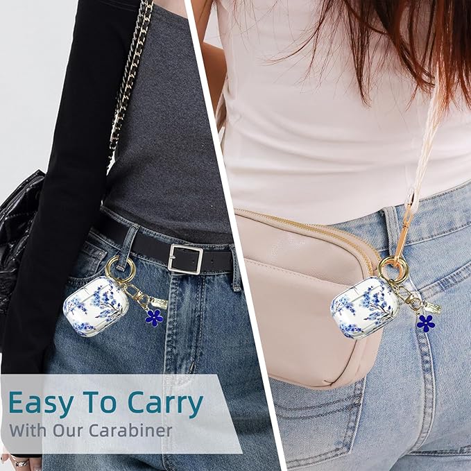 Compatible with AirPods Pro 2 Case Cover 2022, Soft TPU with Cute Flower Pattern for AirPods Pro 2nd/1st Generation Case with Flower Keychain and Carabiner for Girls Women (Midnight Blue)
