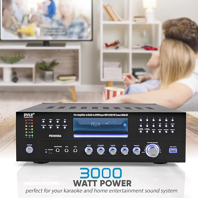 Pyle 4 Channel Bluetooth Home Amplifier - Front Loading DVD/CD Player - 3000W Peak Stereo Receiver - 2 Mic Inputs w/ Echo, FM Radio,Optical In,USB,RCA,Composite, LED Level Meter, Rack Mount - PD3000BA