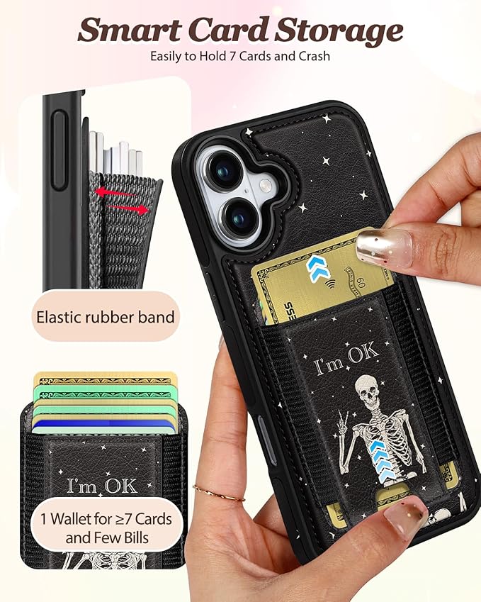 Shorogyt for iPhone 16 Wallet Case - Fits 5 Cards, Compatible with Magsafe Detachable Magnetic Credit Card Holder Leather Cardholder Cute Phone Cover Women Girls for Apple 16, OK Skeleton