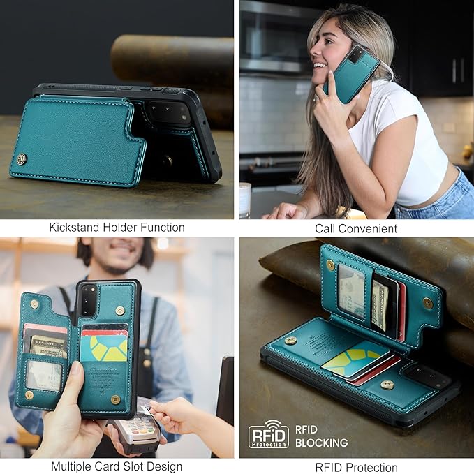 Bemal for Samsung Galaxy S20 FE Wallet Case with Card Holder, RFID Blocking, Shockproof Leather Kickstand for Men and Women, Durable Protective Phone Cover for 6.5", Bluish Green