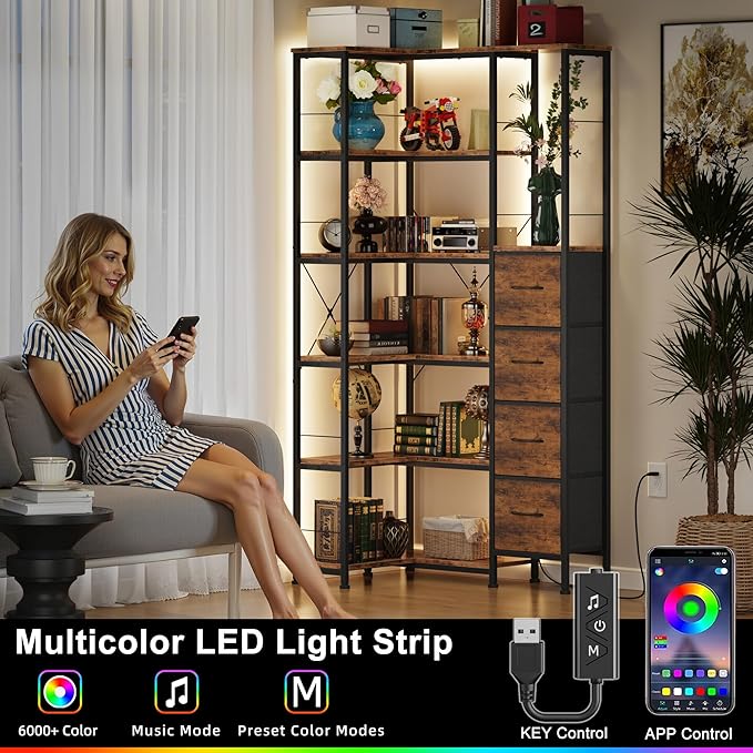 Corner Bookshelf with LED Light Strips & 4 Fabric Drawers, 6-Tier Convertible Corner Shelf with Display Shelf, Large Wood Industrial Bookcase for Living Room, Bedroom, Home Office, Rustic Brown