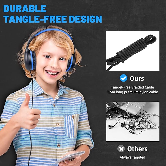 Wired Headphones with Type C Cable for Boys Girls Kids Youth, USB-C Headphones Lightweight Portable Compatible with Pad Phone for Adults Student Children Black Blue