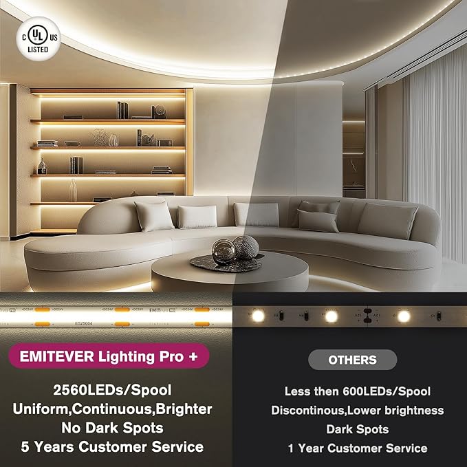 EMITEVER COB LED Strip Lights White,4000K Tape Light Premium High Density, DC 24V, 360+Lumens/ft,2560LEDs/Spool, Ra 90+, 16.4ft/5m, UL Listed 5 Year After-Service (Power Supply Sold Separately)
