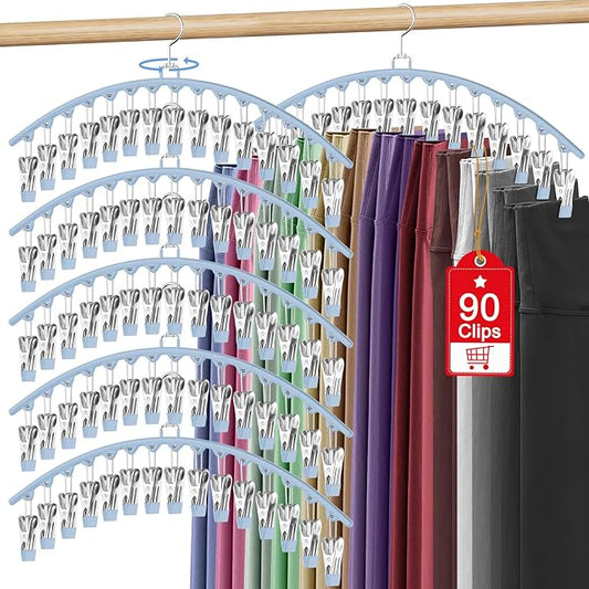 6 Pack Legging Organizer for Closet Hanging, Pants Hangers with Clips Holds 95 Leggings, Shorts, Skirts, Jeans, Hats, Pants Hangers Space Saving Clothes Racks Closet Organizers and Storage, Blue