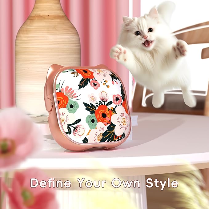 for AirPods 4 Case with Cleaning Kit, Cute Cat Ear Print Design & Cute Buckle, Inverted Phone Holder Design, Top Safe Lock Buckle Design, for Girls AirPods 4 case 2024, Rose Gold Flower