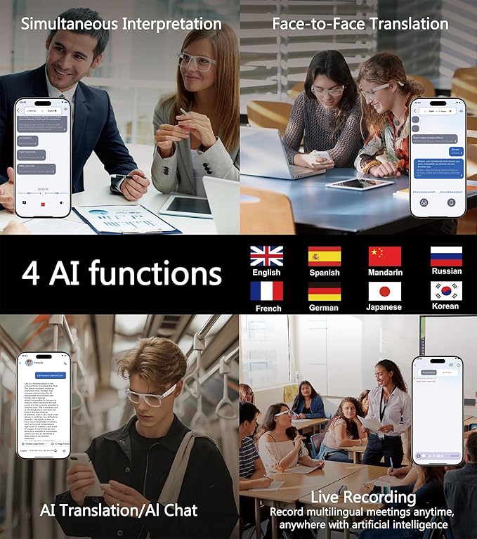 AI Smart Glasses, Multifunctional Bluetooth Glasses for Men & Women, 116 Languages & Accents Translator Device, Blue Light Filter & Polarized UV Protection Lenses Translation Glasses, White