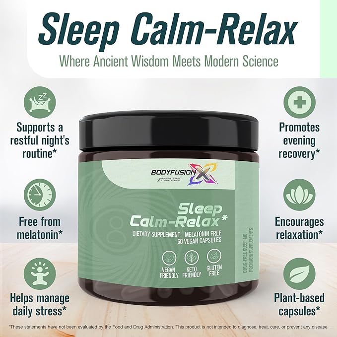 BodyFusionX Sleep Calm-Relax with KSM-66® Ashwagandha & L-Theanine – Natural Sleep Support Supplement, Stress Relief & Post-Workout Recovery – Melatonin-Free, Non-Habit Forming, Vegan Capsules