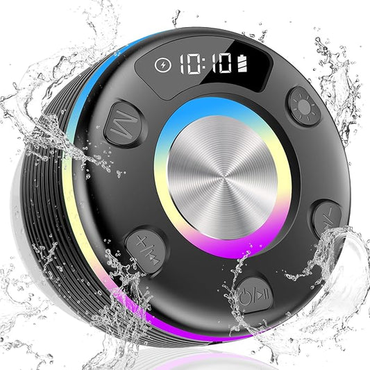OYIB Bluetooth Shower Speaker, Portable Bluetooth Speaker 360° HD Sound, RGB Lights, IPX7 Waterproof Wireless Speaker with Suction Cup and Mic, Shower Radio for Party/Outdoor/Travel/Gifts/Black