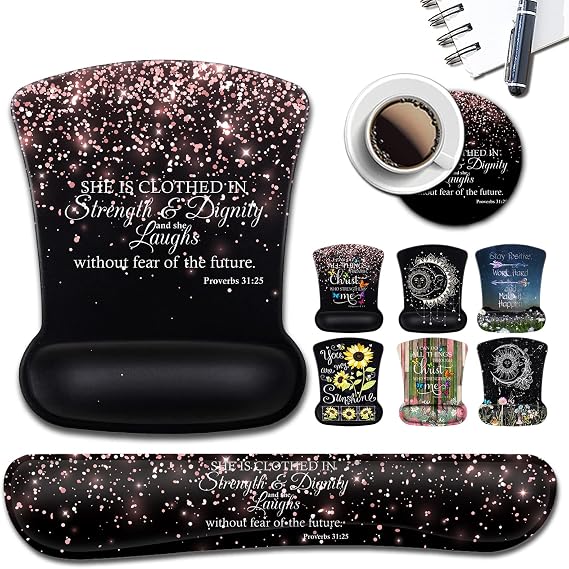 3 Pack Ergonomic Mouse Pads,Gel Wrist Rest Support and Cloth, Non-Slip PU Base Memory Foam Keyboard Wrist Rest for Easy Typing, Stitched Edge, Proverbs 31-25 Bible Verse Rose Gold Glitter Black