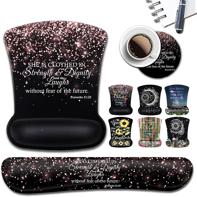 3 Pack Ergonomic Mouse Pads,Gel Wrist Rest Support and Cloth, Non-Slip PU Base Memory Foam Keyboard Wrist Rest for Easy Typing, Stitched Edge, Proverbs 31-25 Bible Verse Rose Gold Glitter Black