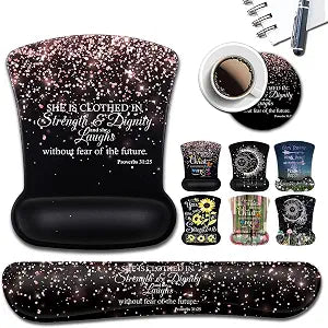3 Pack Ergonomic Mouse Pads,Gel Wrist Rest Support and Cloth, Non-Slip PU Base Memory Foam Keyboard Wrist Rest for Easy Typing, Stitched Edge, Proverbs 31-25 Bible Verse Rose Gold Glitter Black