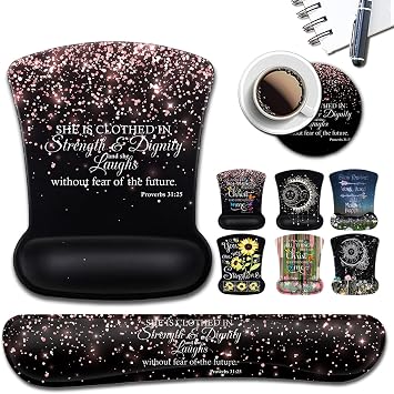 3 Pack Ergonomic Mouse Pads,Gel Wrist Rest Support and Cloth, Non-Slip PU Base Memory Foam Keyboard Wrist Rest for Easy Typing, Stitched Edge, Proverbs 31-25 Bible Verse Rose Gold Glitter Black
