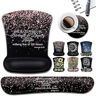 3 Pack Ergonomic Mouse Pads,Gel Wrist Rest Support and Cloth, Non-Slip PU Base Memory Foam Keyboard Wrist Rest for Easy Typing, Stitched Edge, Proverbs 31-25 Bible Verse Rose Gold Glitter Black - Image 1