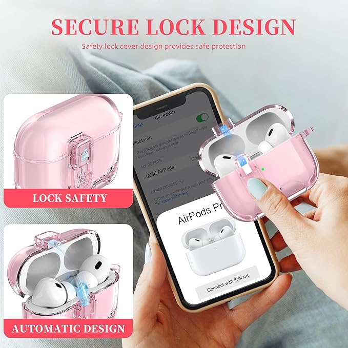 for AirPods Pro 2nd Generation Case, Military-Grade Shockproof Transparent Anti-Yellowing, Charging Port Dust-Proof & Stand Design with Cleaning Kit for AirPods Pro 2nd Case, Crystal Pink