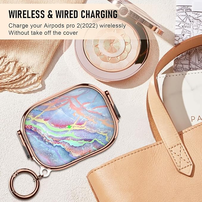 Maxjoy for Cute Airpods Pro 2 case with Safety Lock,Compatible Airpods Pro Case 2nd/1st Gen,Compatible Colored Marble AirPods Case Cover for Women Girly with Keychain-Rainbow