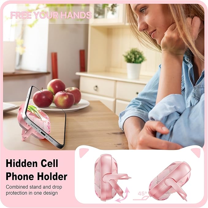 RFUNGUANGO AirPods Pro Case for Women Girly Cat Case with Lock, Phone Stand, Keychain & Cleaner Kit, Compatible with Apple Airpods Pro 2nd/1st Generation Case Cover, Pink Tulip