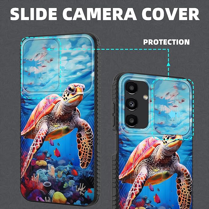 for Galaxy A15 5G Case Built in Slide Camera Lens Cover,Heavy Duty Shockproof Protection Dual Layer Case for Samsung Galaxy A15 5G 6.5 inch 2024,Sea Turtle Swimming Underwater