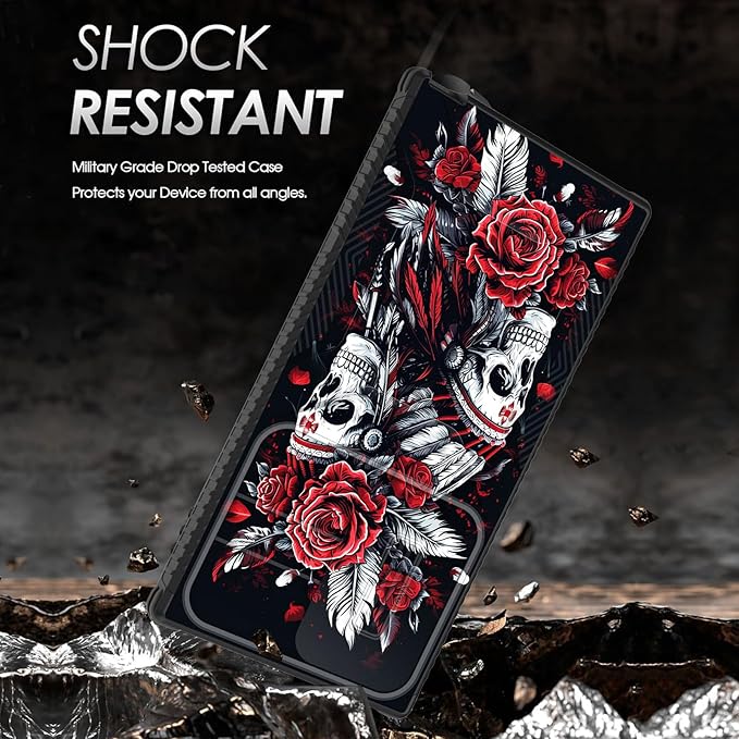 for Galaxy S25 Ultra Case Built in Slide Camera Lens Cover,Heavy Duty Shockproof Protection Dual Layer Case for Samsung Galaxy S25 Ultra 6.9" 2025,Skull Art with Feathers and Roses